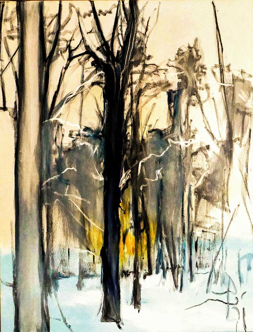 Abendlicht im Winterwald |  Öl, Ölkreide auf Leinwand | 86 x 110 cm
